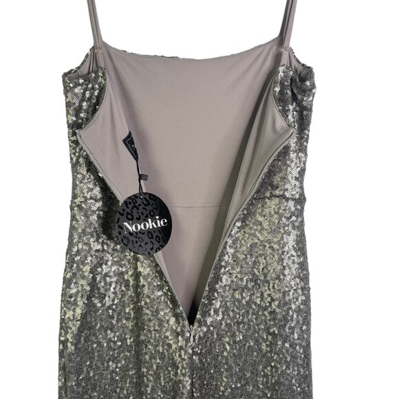 NWT Nookie Europa Pewter Silver Sequined Maxi Formal Dress Slit Large Event L - Picture 8 of 13
